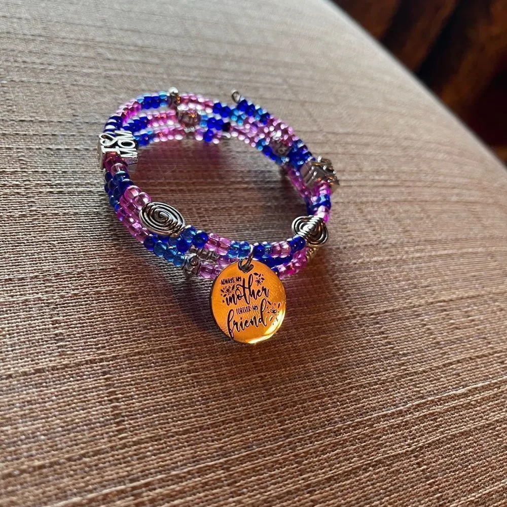 Mothers Day Beaded bracelet Handmade Hand Crafted Pink Blue Memory Wire - Picture 2 of 4